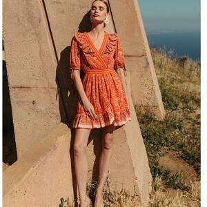 Cleobella Blair Mini Dress, Rust Block Print, Faux Wrap, Organic Artisan, Large